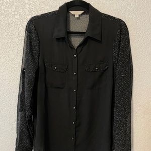 Charming Charlie Black Polka Dot Semi Sheer Button Down Size S